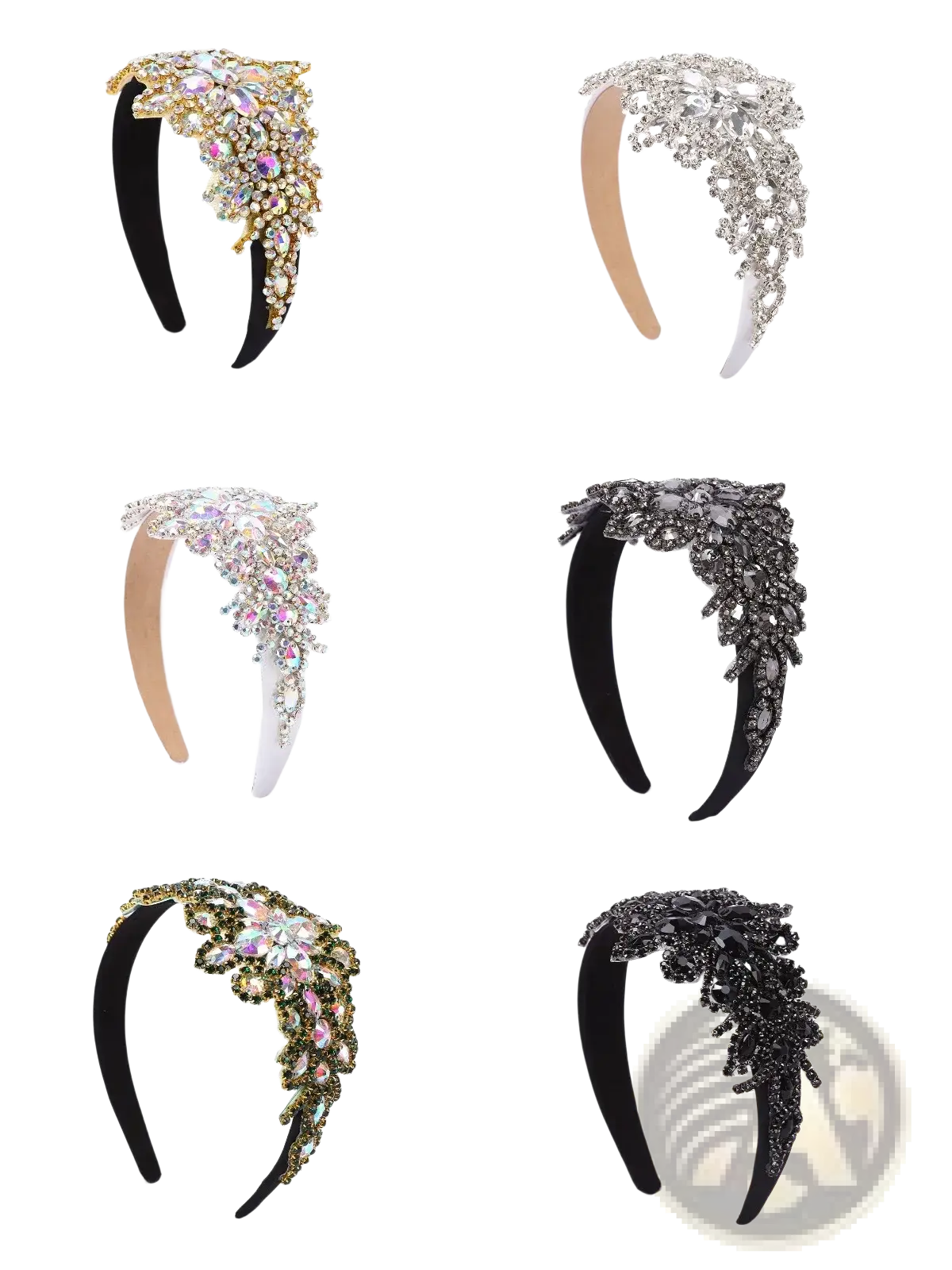 Elegant rhinestone flower headbands crystal hair accessory in assorted metallic and black finishes with crystal embellishments