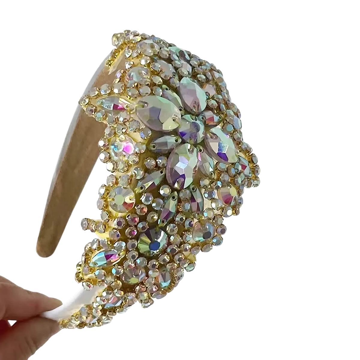 A dazzling gold rhinestone flower headband with iridescent crystals in various shapes for elegant hair accessory use