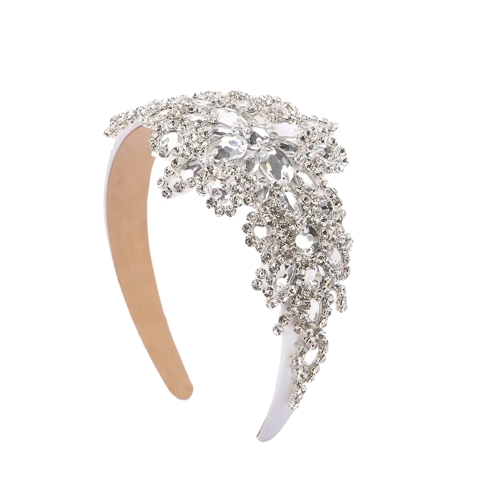 A sparkling silver rhinestone flower headband with a cascading floral design crystal hair accessory