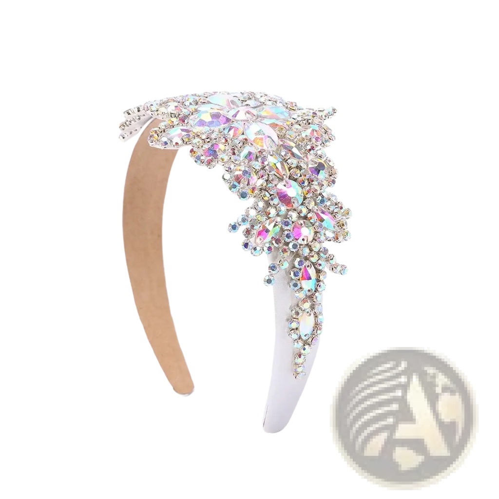 A sparkling silver rhinestone flower headband with cascading iridescent crystals and clear stones for elegance