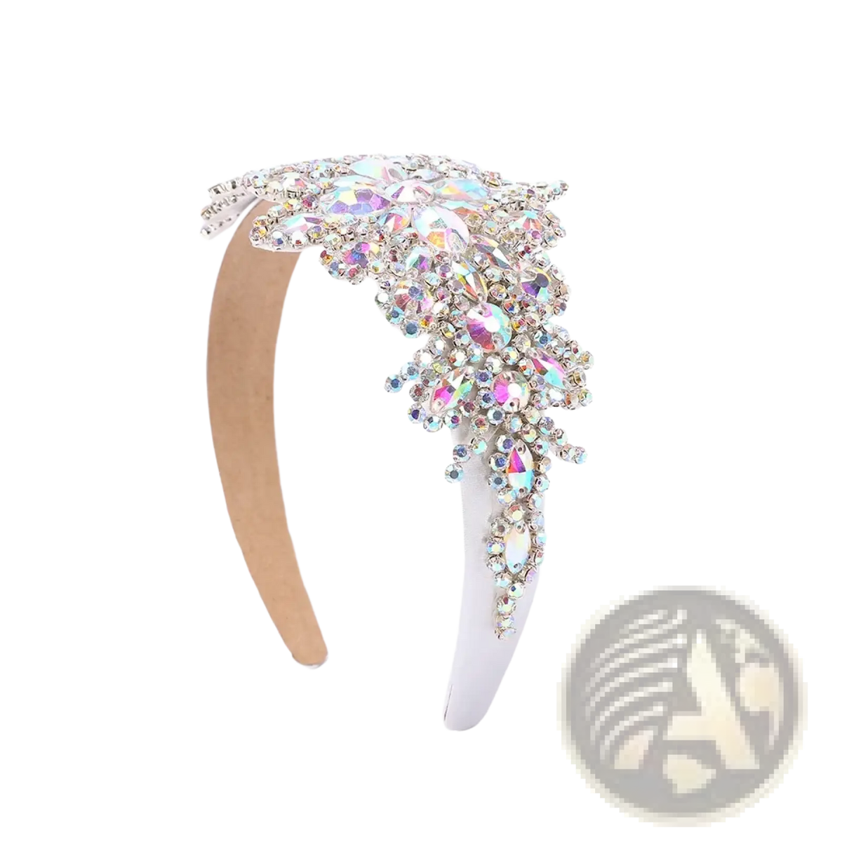 A sparkling silver rhinestone flower headband with cascading iridescent crystals and clear stones for elegance