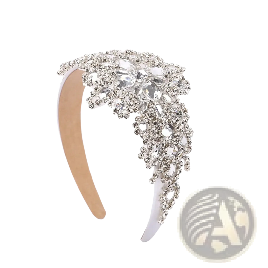 A sparkling silver rhinestone flower headband with a cascading floral design crystal hair accessory