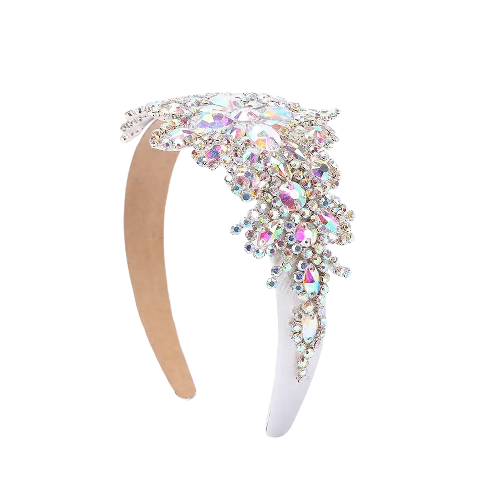 A sparkling silver rhinestone flower headband with cascading iridescent crystals and clear stones hair accessory