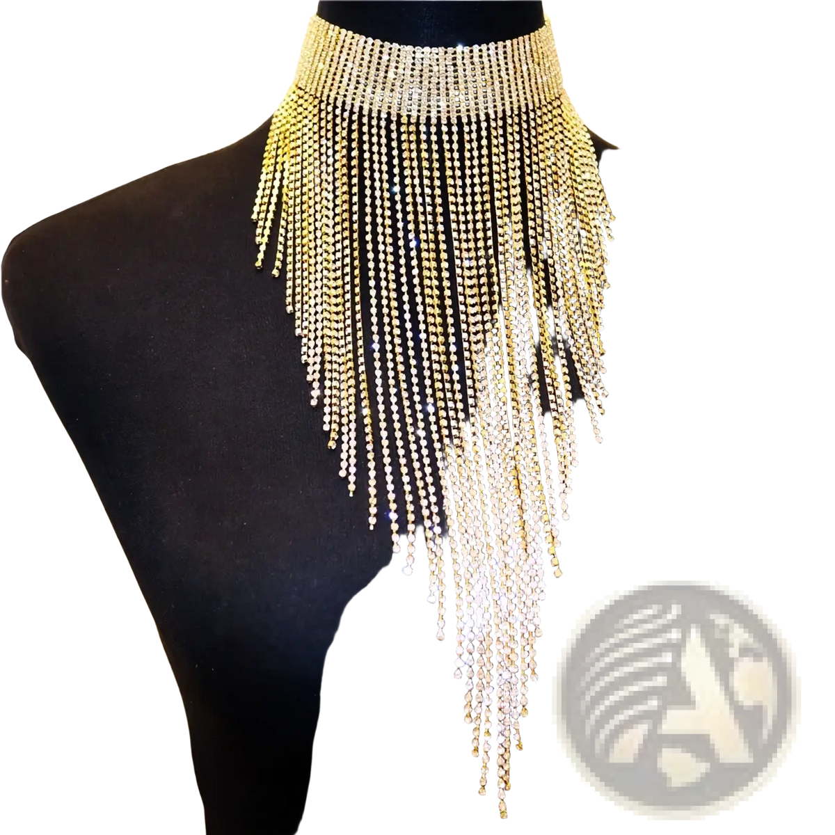 A gold-toned rhinestone fringe choker necklace with cascading sparkling crystals for elegant party jewelry