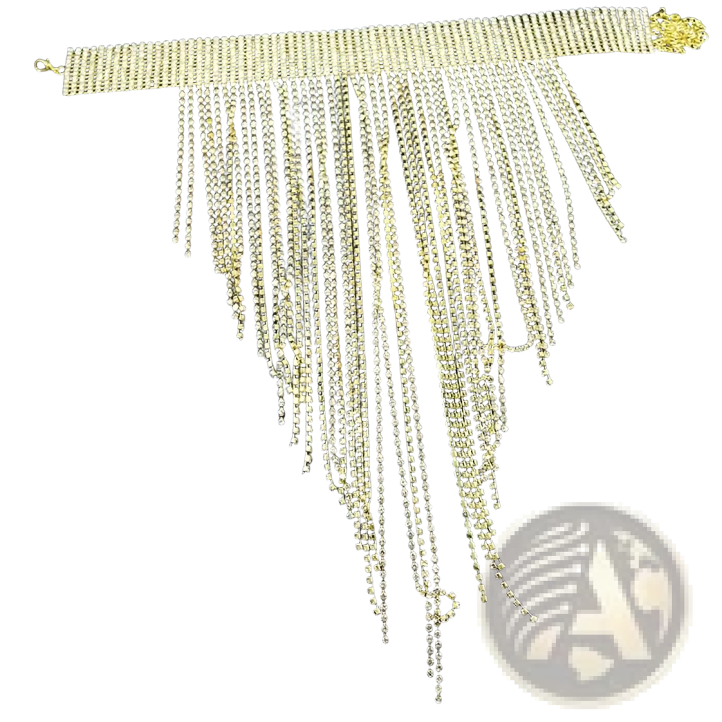 Gold-toned rhinestone fringe choker necklace with mesh band and dangling chains for crystal party jewelry