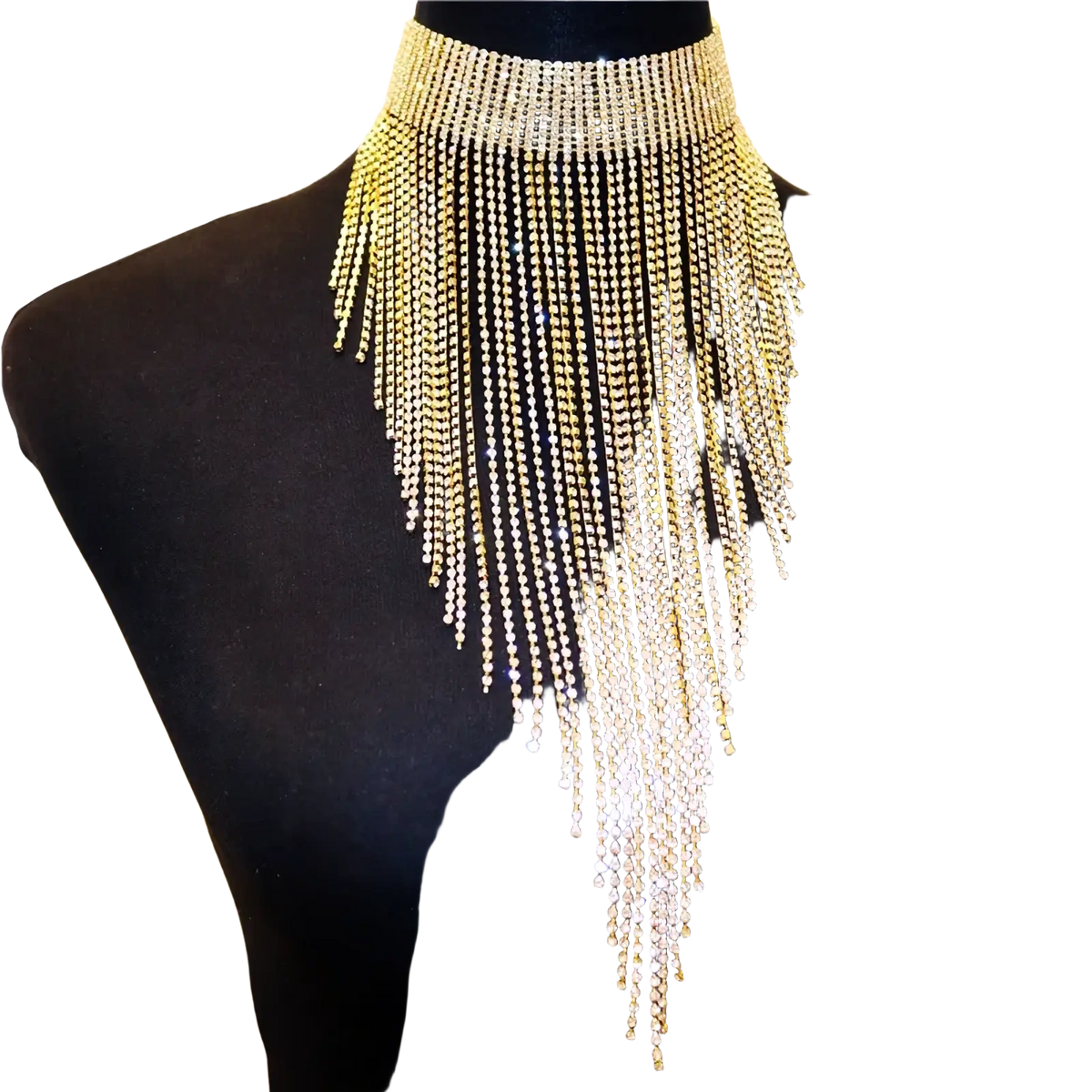 A gold-toned rhinestone fringe choker necklace with cascading sparkling crystals for elegant party jewelry