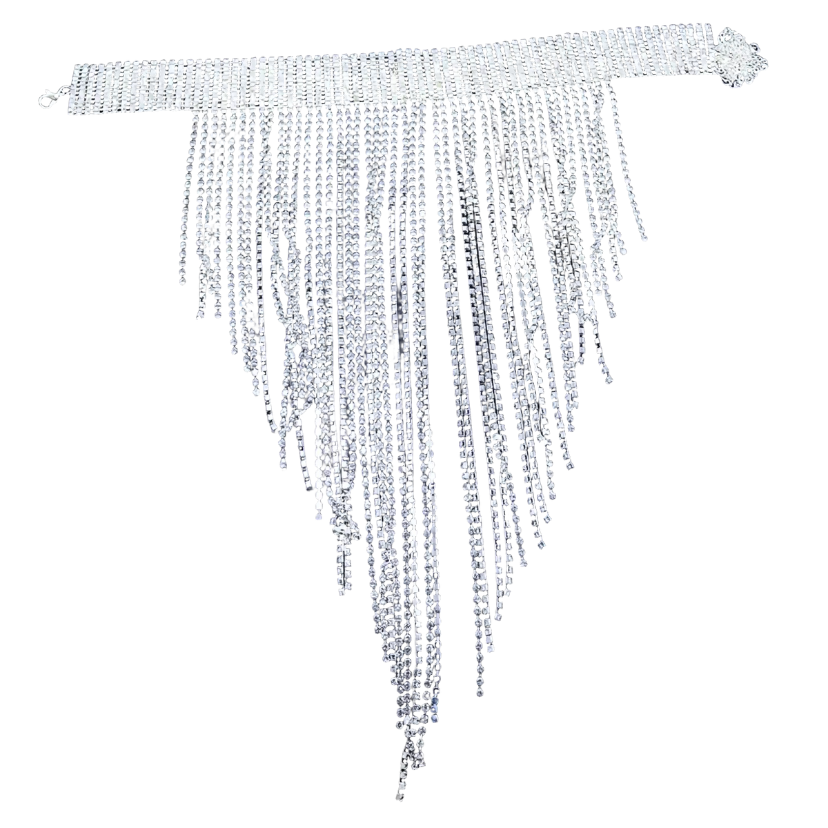 Silver rhinestone fringe choker necklace with mesh band and dangling crystal chains for party jewelry