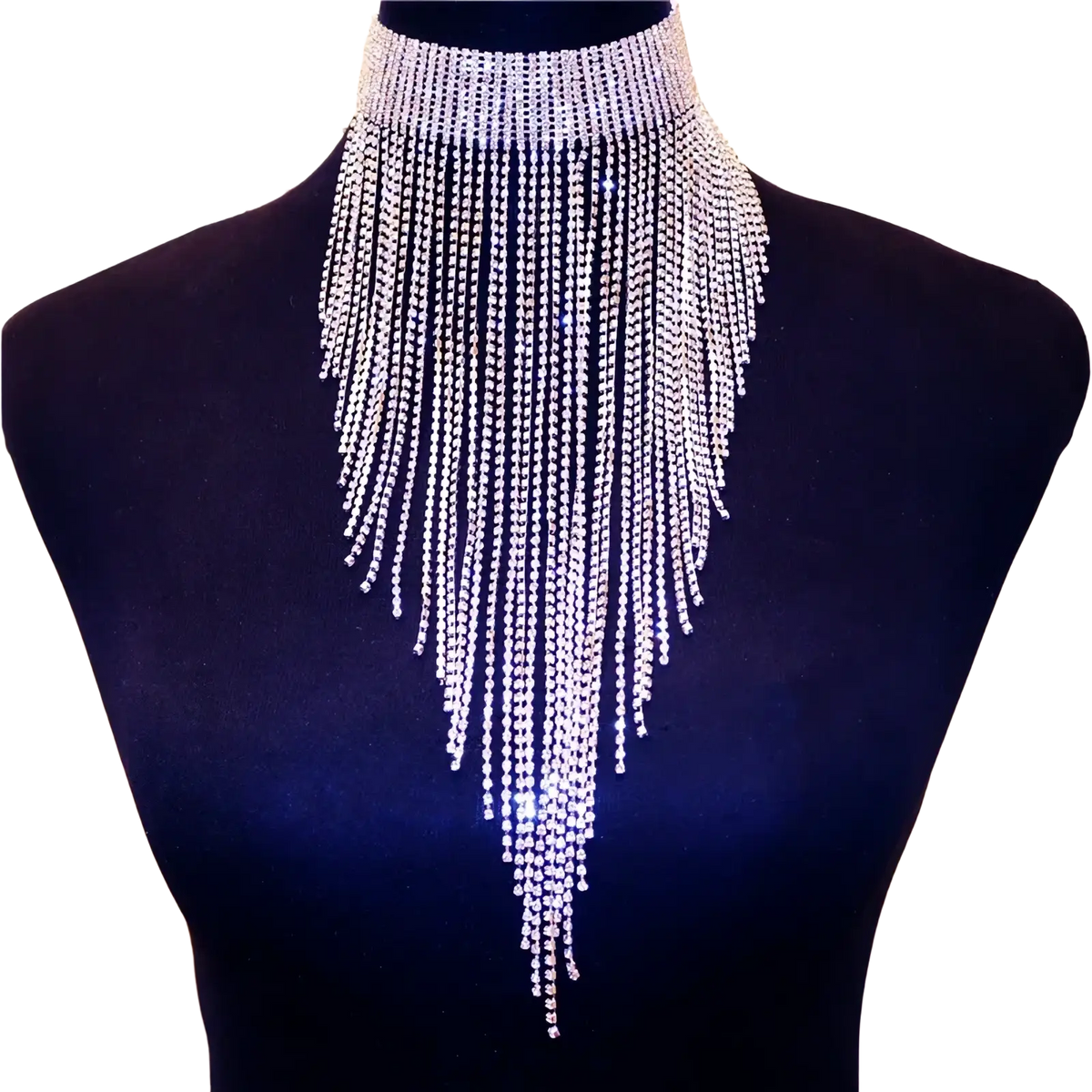 A dazzling silver rhinestone fringe choker necklace with cascading crystal strands for party jewelry
