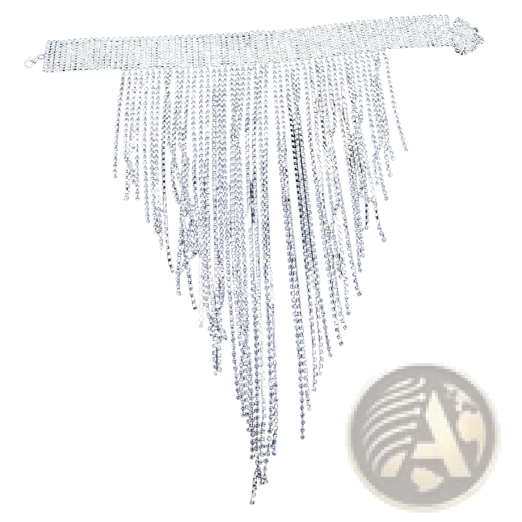 Silver rhinestone fringe choker necklace with mesh band and dangling crystal chains for party jewelry