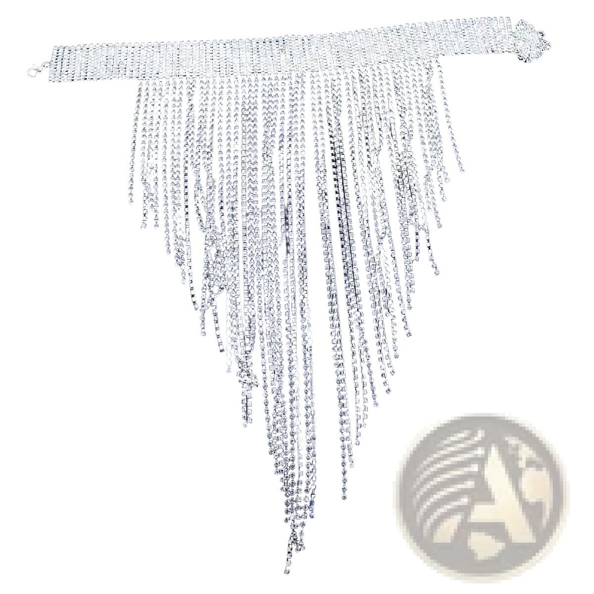 Silver rhinestone fringe choker necklace with mesh band and dangling crystal chains for party jewelry