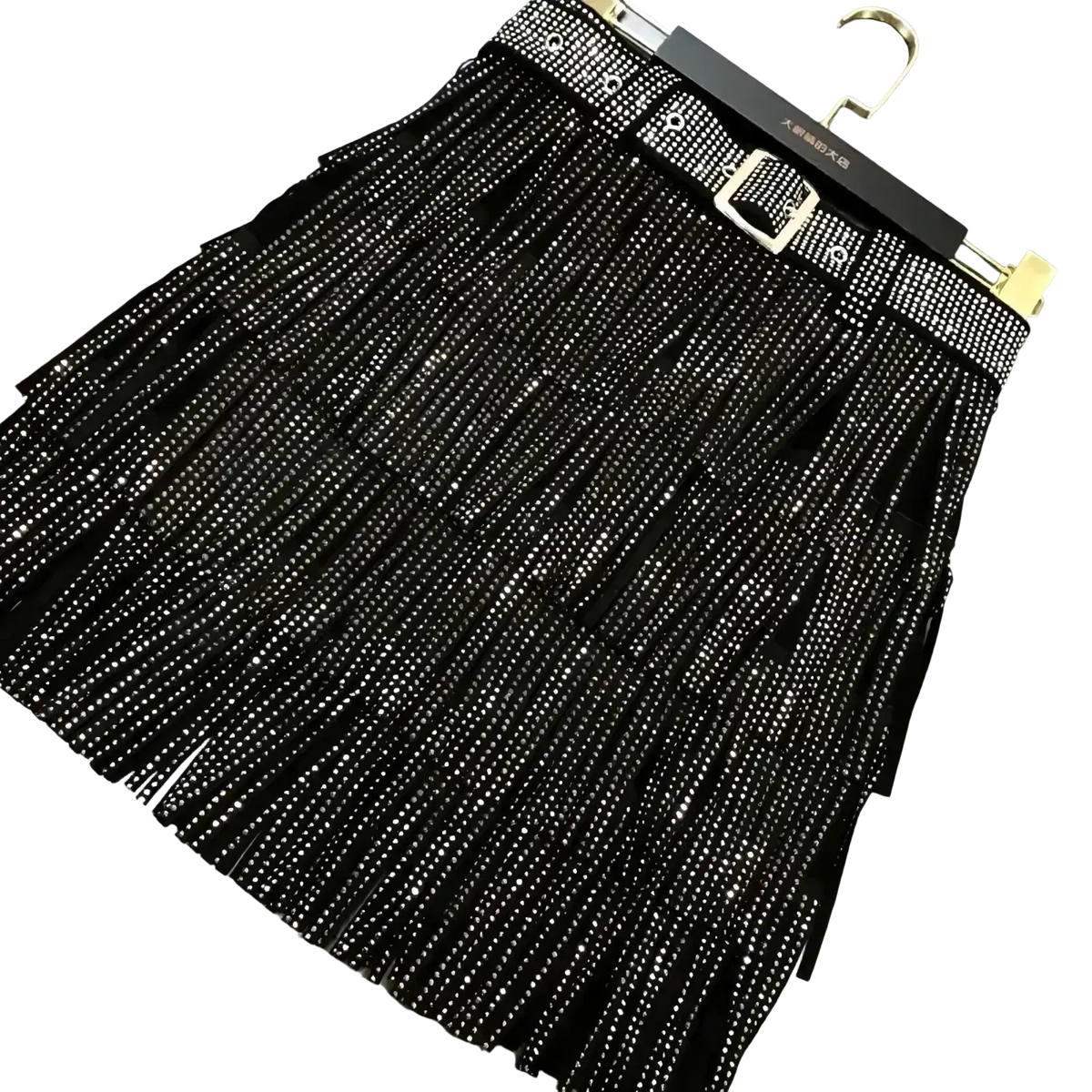 Black beaded rhinestone fringe high waist mini skirt with matching belt and silver-toned hardware