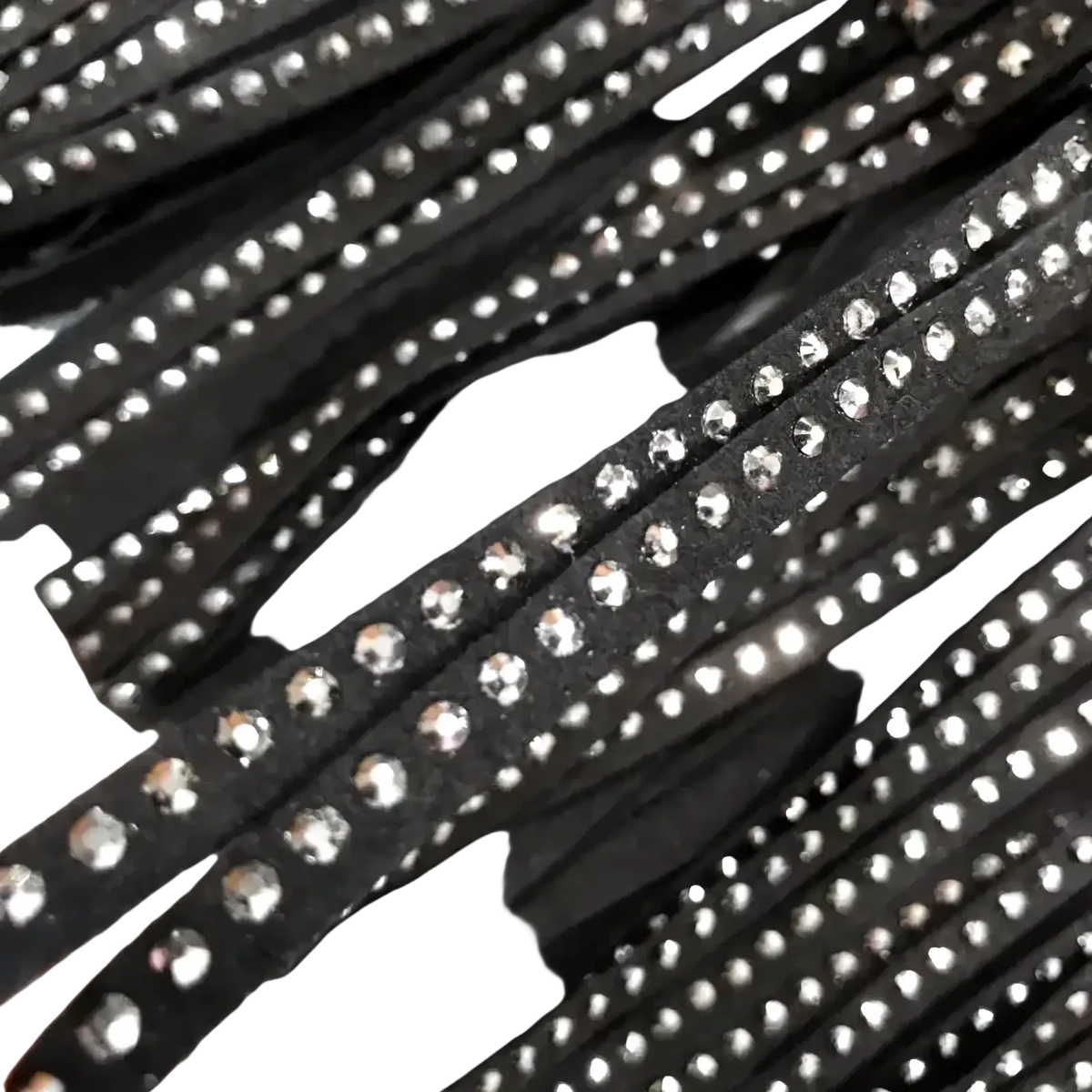 Black rhinestone-embellished leather straps detail on rhinestone fringe high waist mini skirt