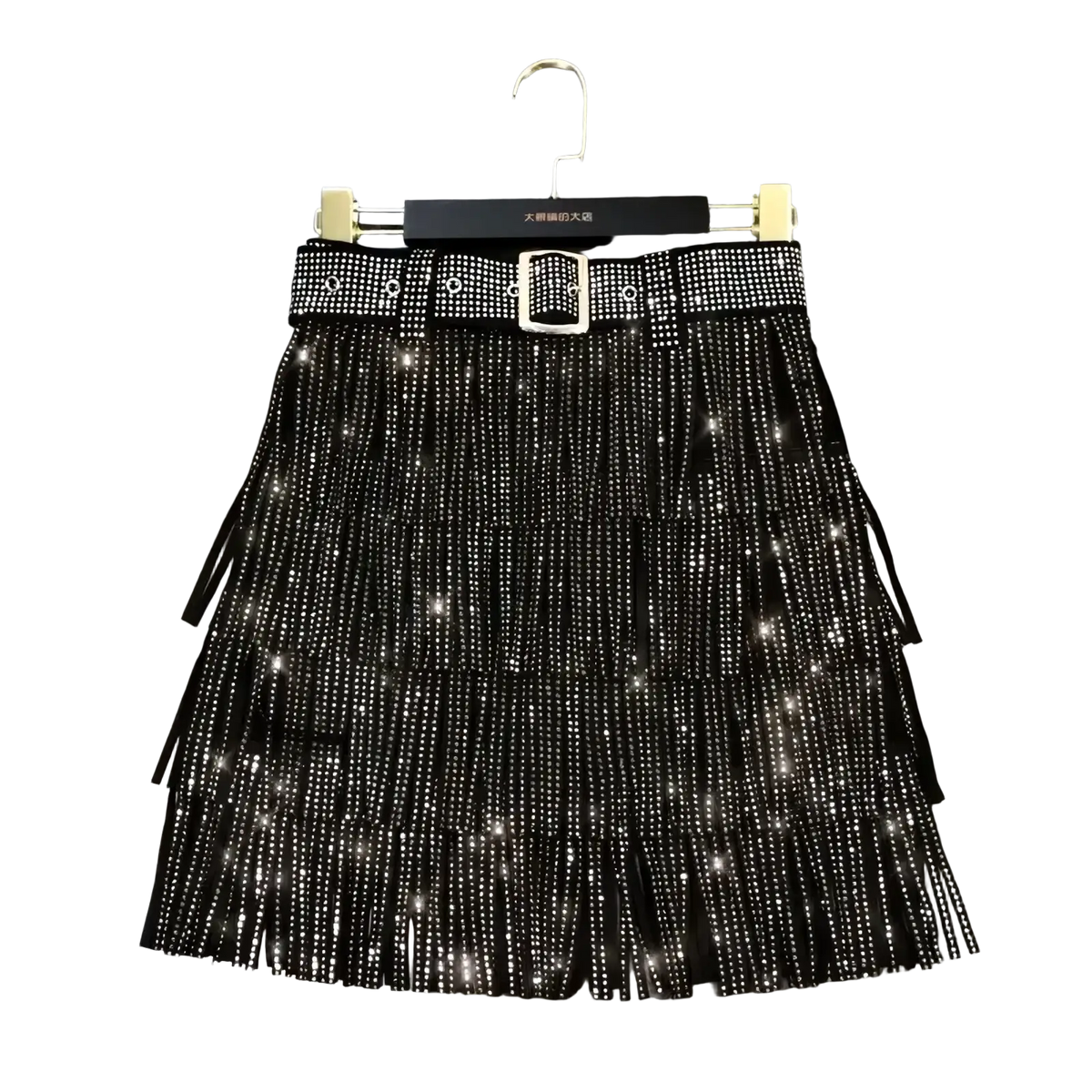 Black rhinestone fringe high waist mini skirt with sparkling rhinestones and matching studded belt with silver buckle