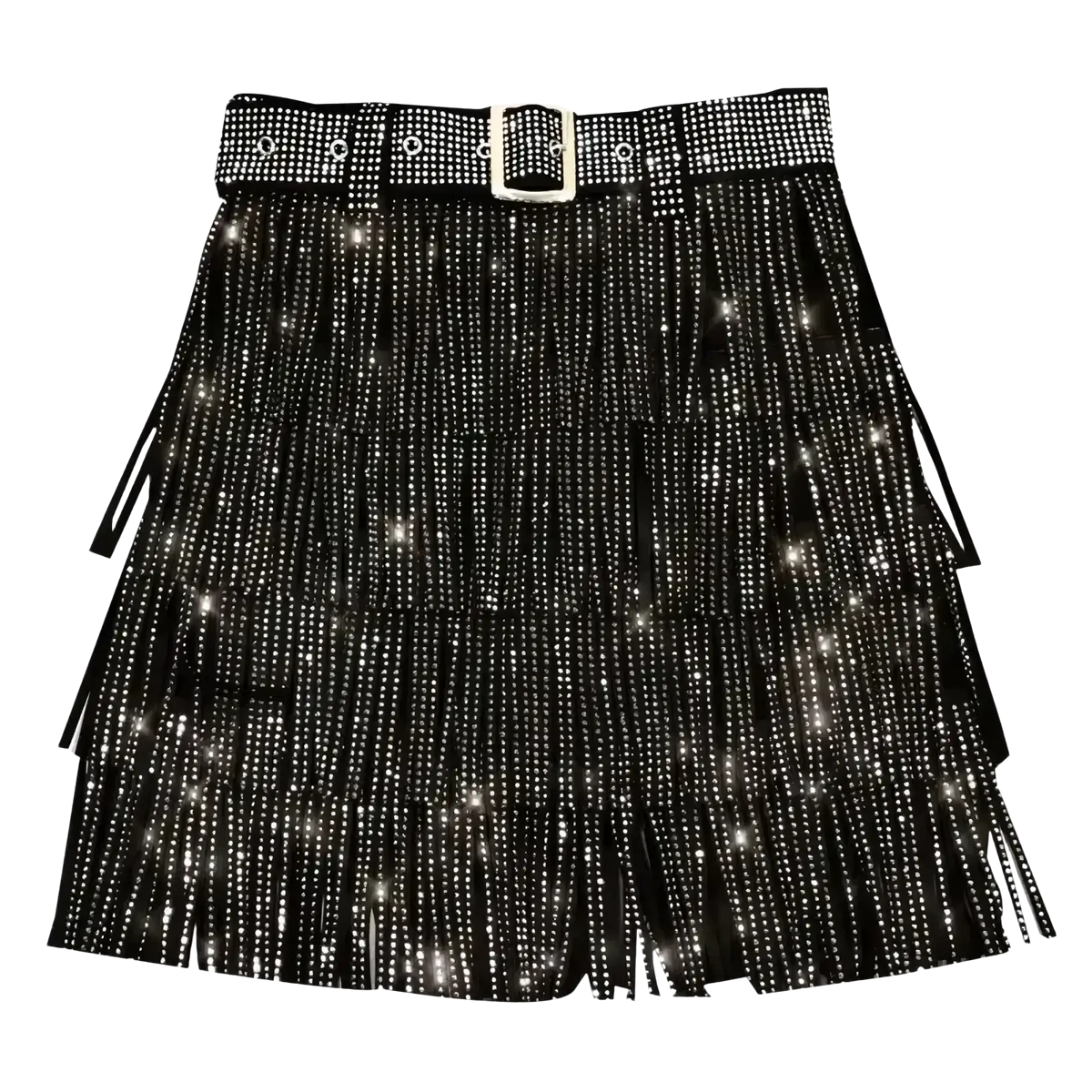 Black rhinestone fringe high waist mini skirt with matching studded belt and silver buckle detail