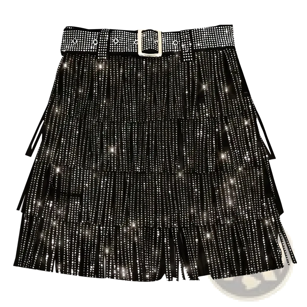 Black high waist mini skirt with fringe and sparkling rhinestones paired with a studded belt with silver buckle