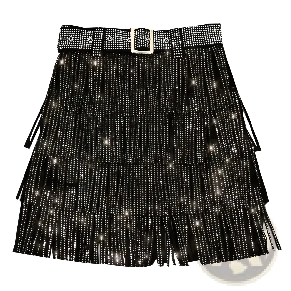 Black high waist mini skirt with fringe and sparkling rhinestones paired with a studded belt with silver buckle