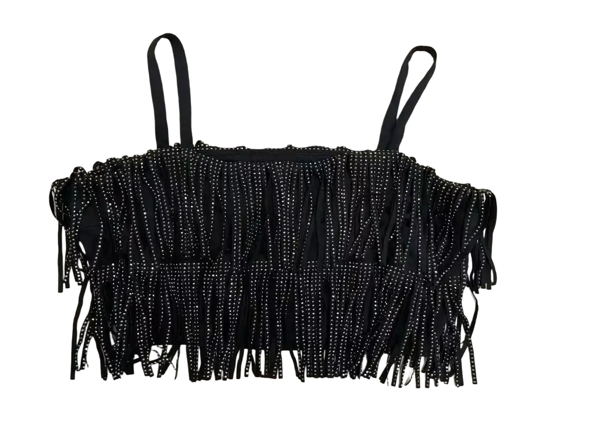 Black fringed crop top with thin straps and sparkling rhinestone embellishments paired with rhinestone fringe mini skirt