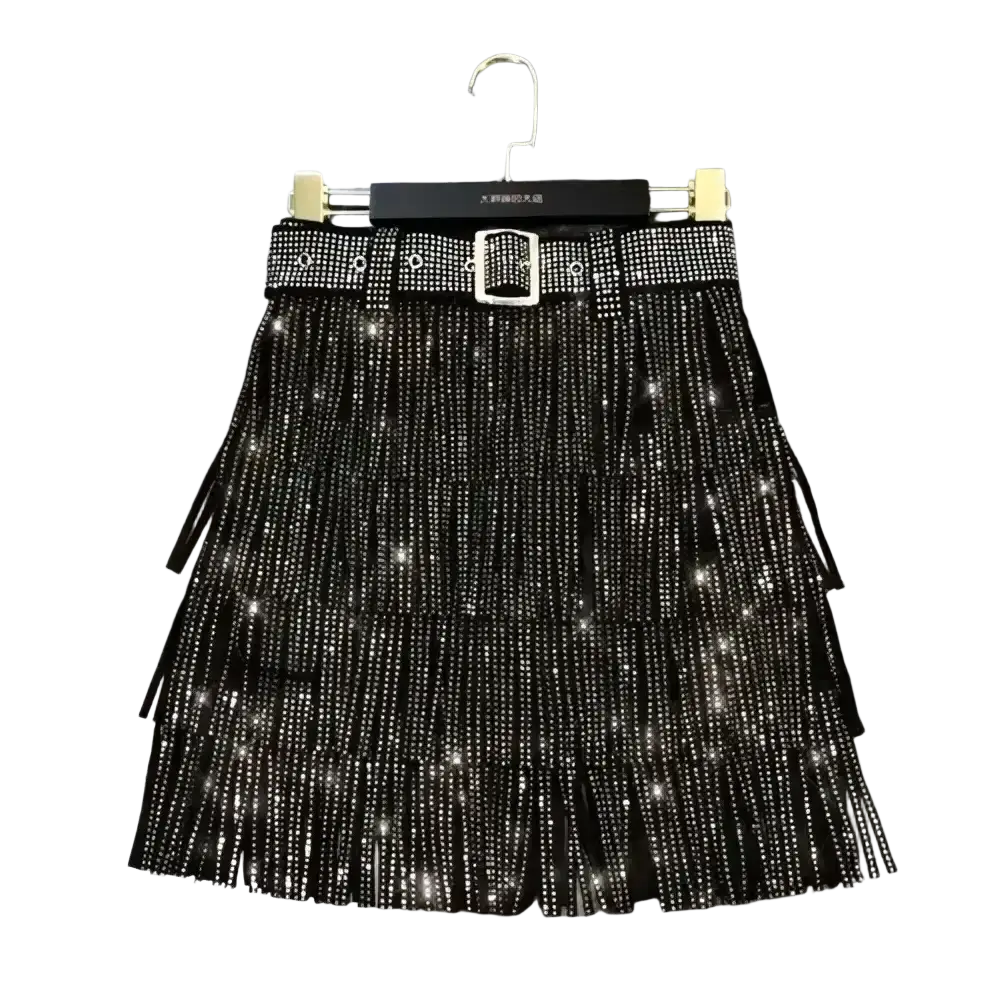 Black rhinestone fringe high waist mini skirt with layered sequined fringe and matching belt with silver buckle
