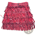 A vibrant red suede rhinestone fringe high waist mini skirt with silver studs and a matching studded belt