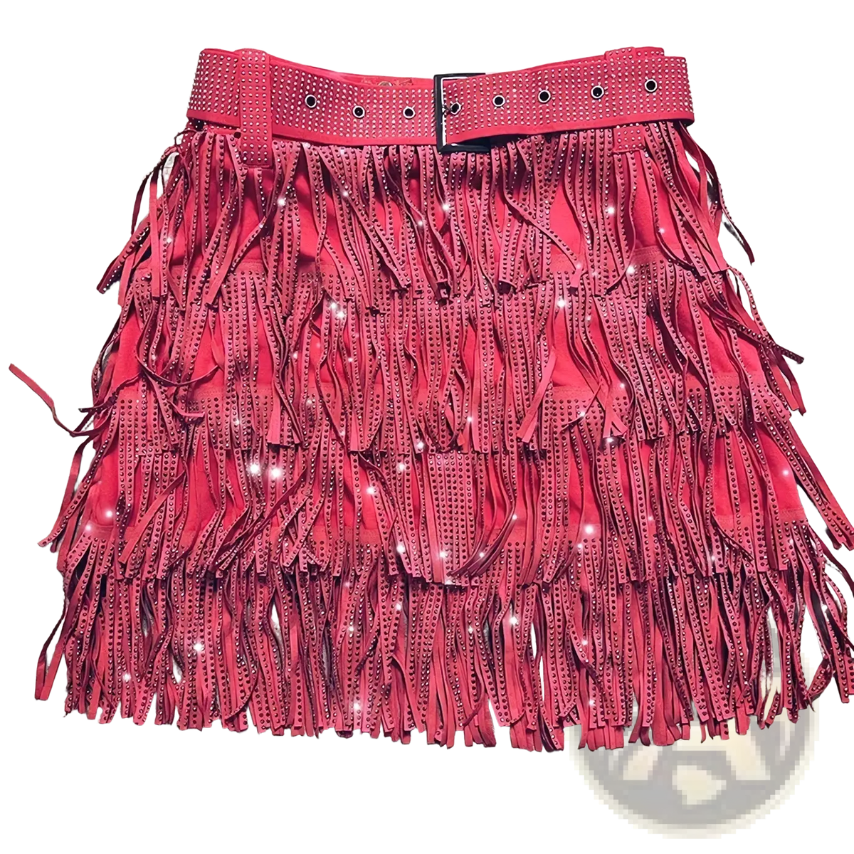 A vibrant red suede rhinestone fringe high waist mini skirt with silver studs and a matching studded belt
