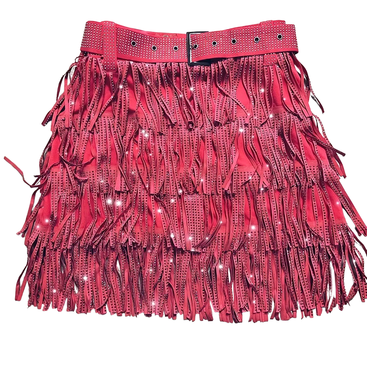 A vibrant red suede rhinestone fringe high waist mini skirt with silver studs and a matching studded belt