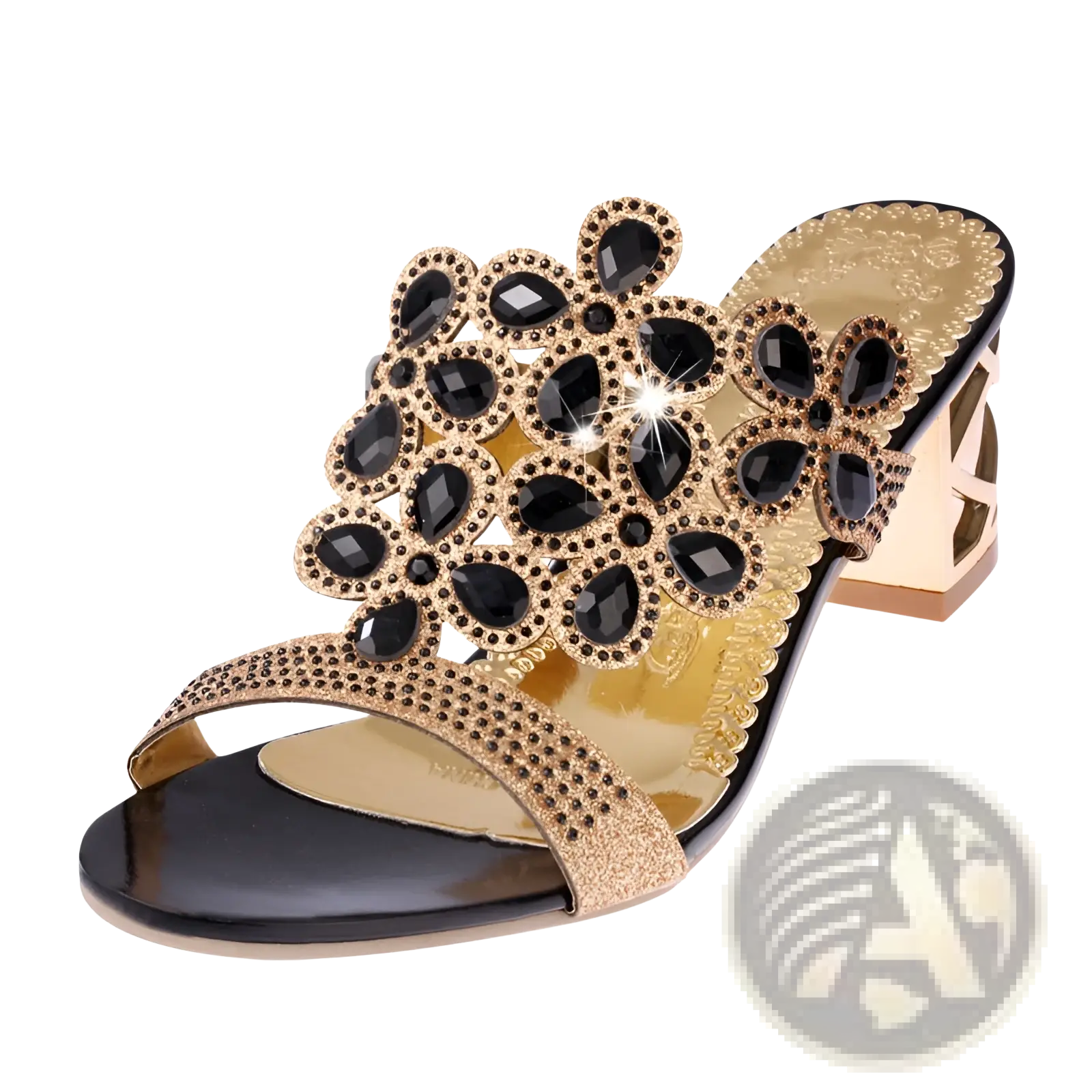 Black and gold rhinestone high heel sandals featuring floral design with large black stones and metallic gold accents