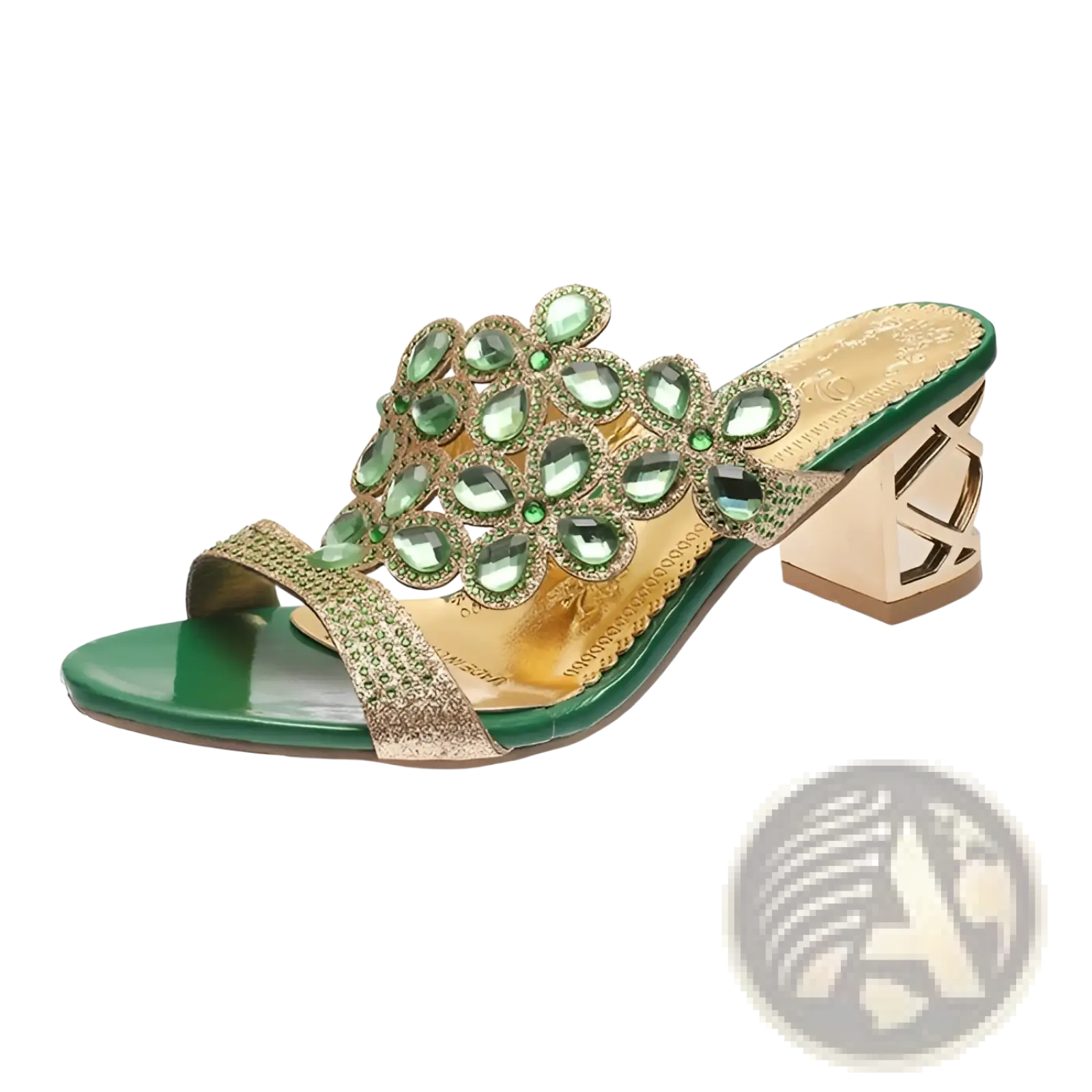Green and gold rhinestone high heel mule sandals embellished with peacock feather design and intricate detailing