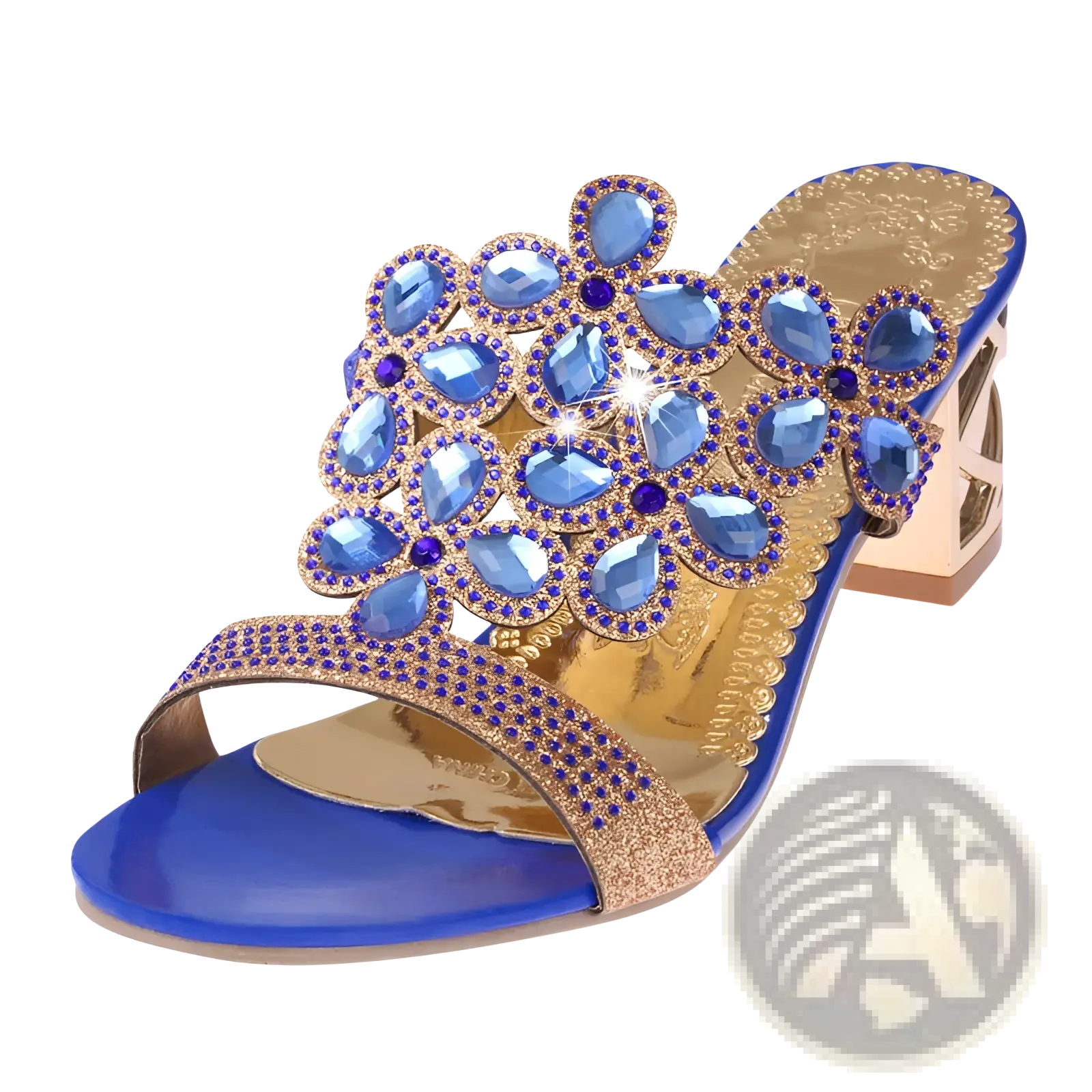 Blue and gold rhinestone high heel sandal embellished mule with teardrop blue crystals and purple rhinestones floral design