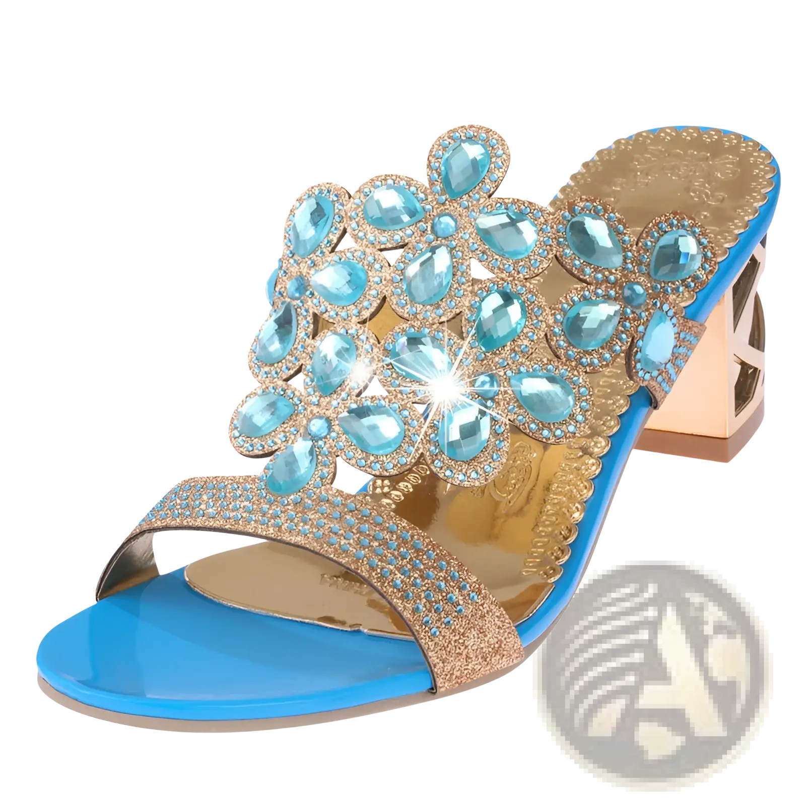 Bright blue satin rhinestone high heel sandal with gold-tone block heel and ornate floral turquoise rhinestone design