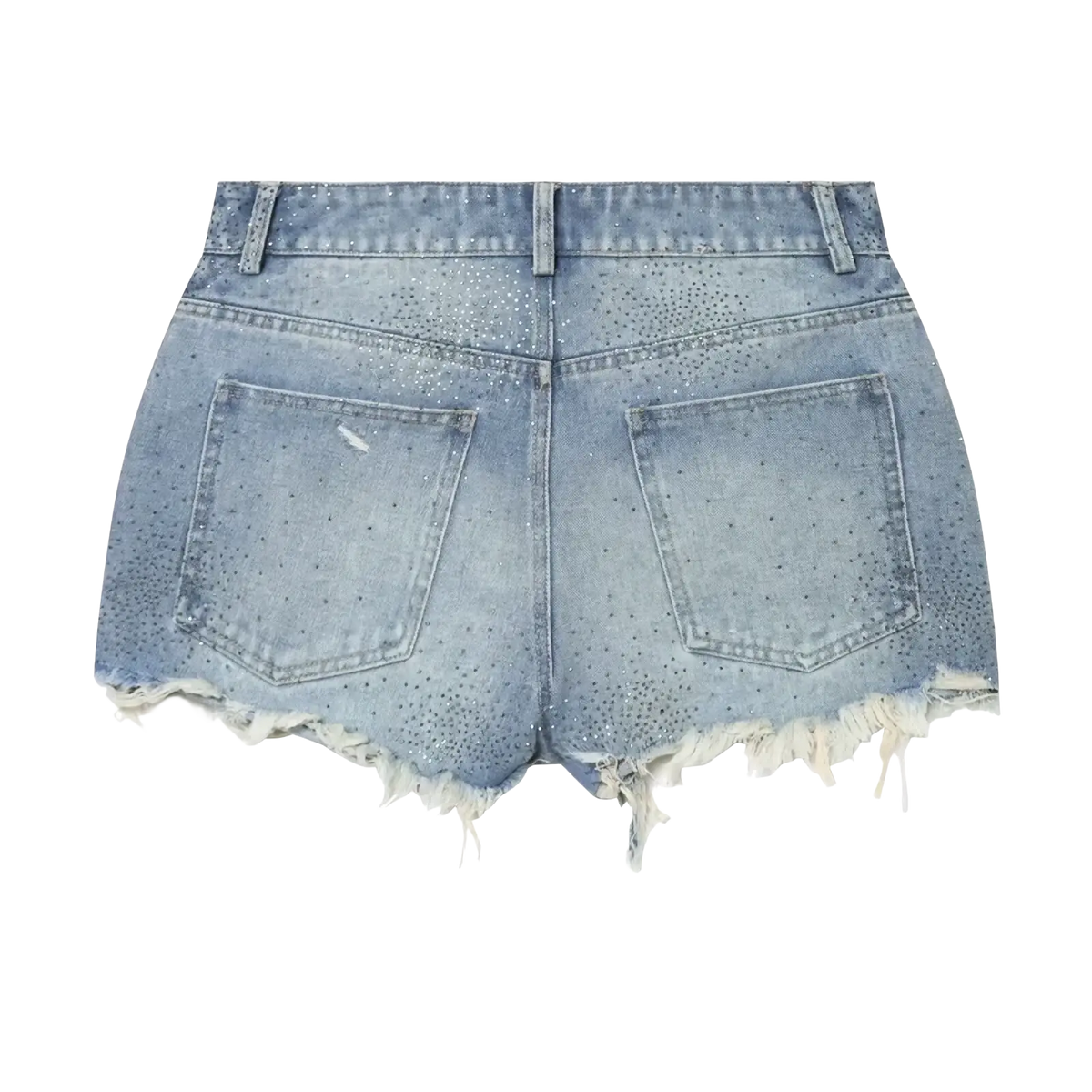 Rhinestone high waist denim shorts in light wash with distressed frayed hem and scattered rhinestone embellishments