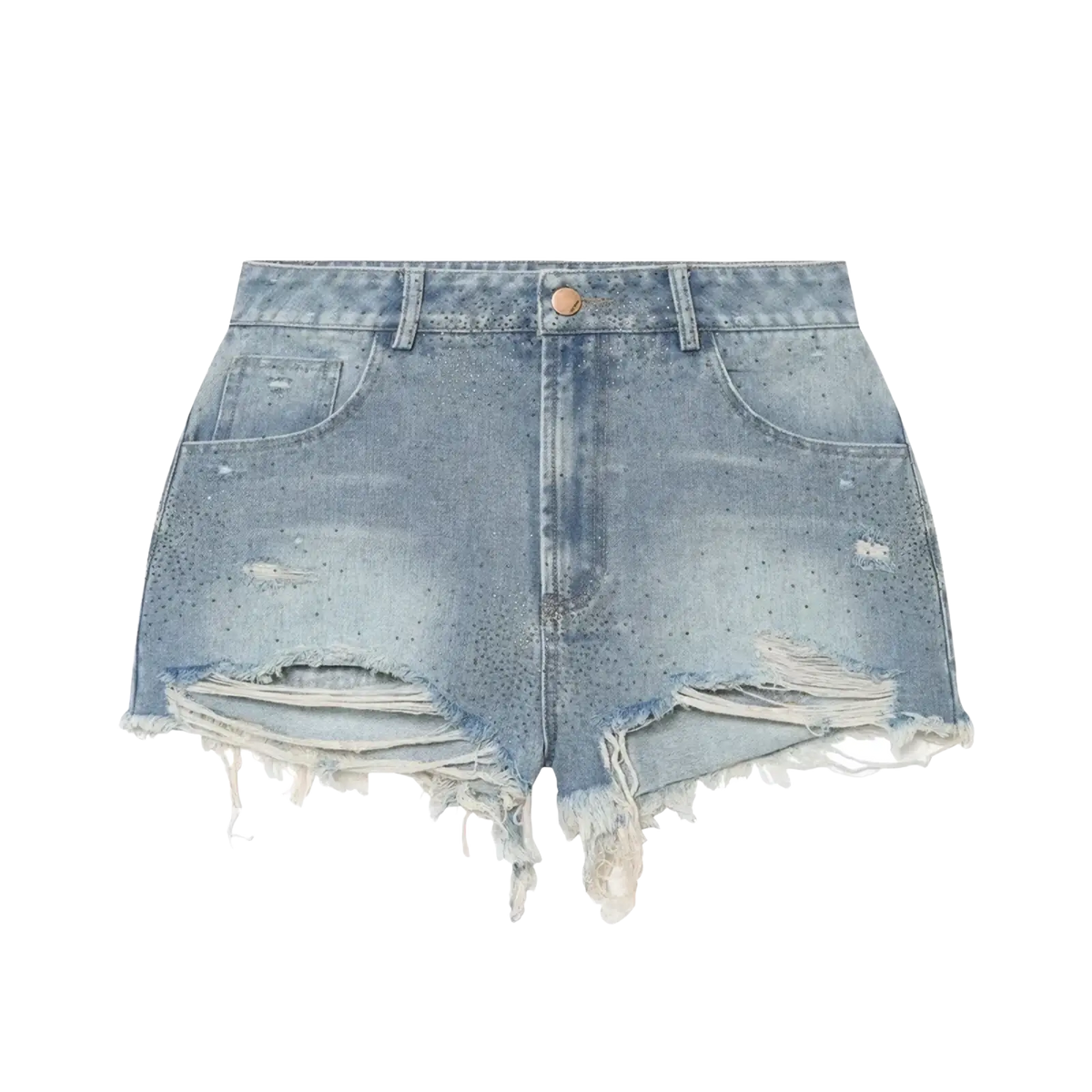 Rhinestone high waist light-wash denim shorts with distressed frayed hems and subtle perforated detailing