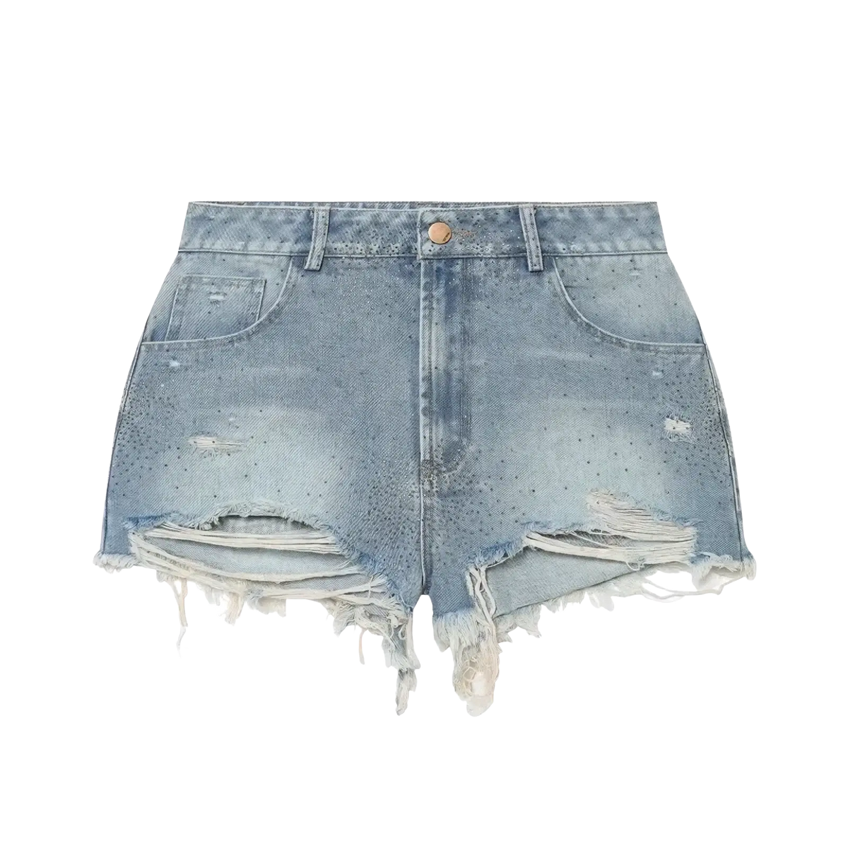 Rhinestone high waist light-wash denim shorts with distressed frayed hems and subtle embellishments