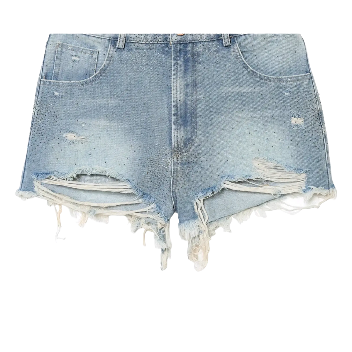 Light-wash rhinestone high waist denim shorts with distressed frayed hems and subtle rhinestone embellishments