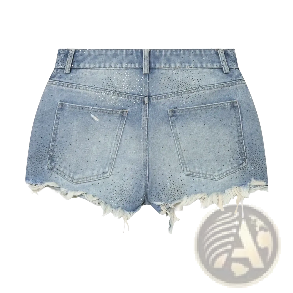 Rhinestone high waist denim shorts in light wash with distressed frayed hem and scattered rhinestone embellishments