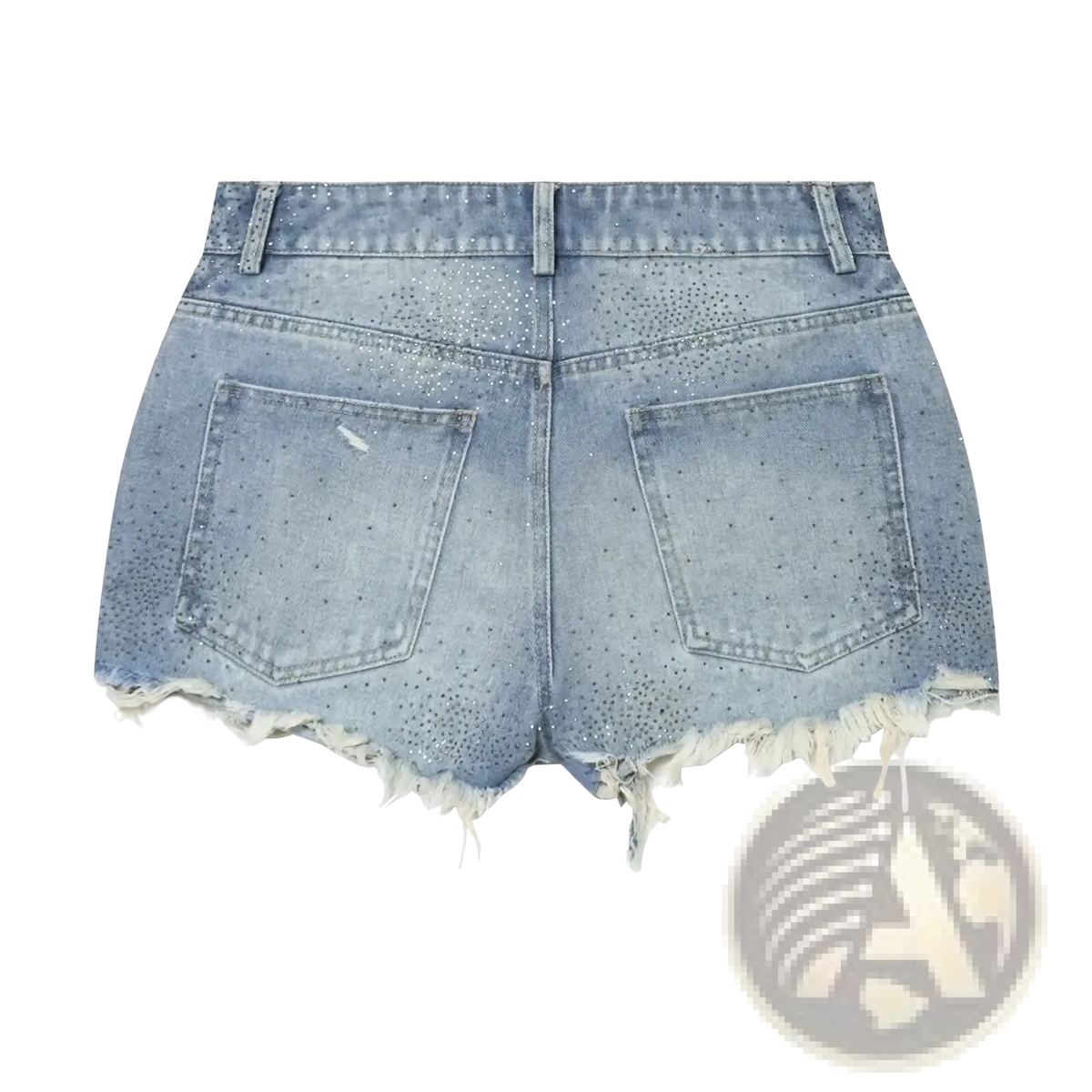 Rhinestone high waist denim shorts in light wash with distressed frayed hem and scattered rhinestone embellishments