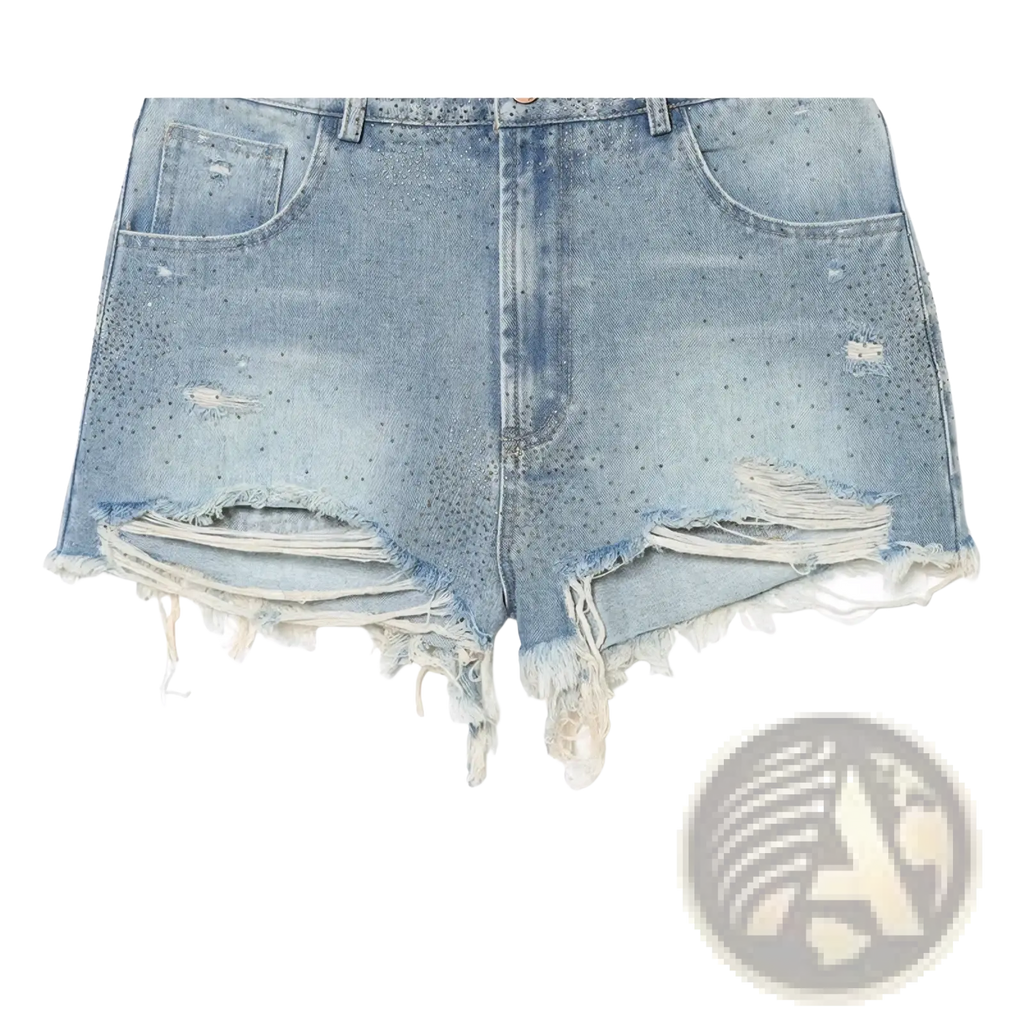 Light-wash rhinestone high waist denim shorts with distressed frayed hems and subtle rhinestone embellishments
