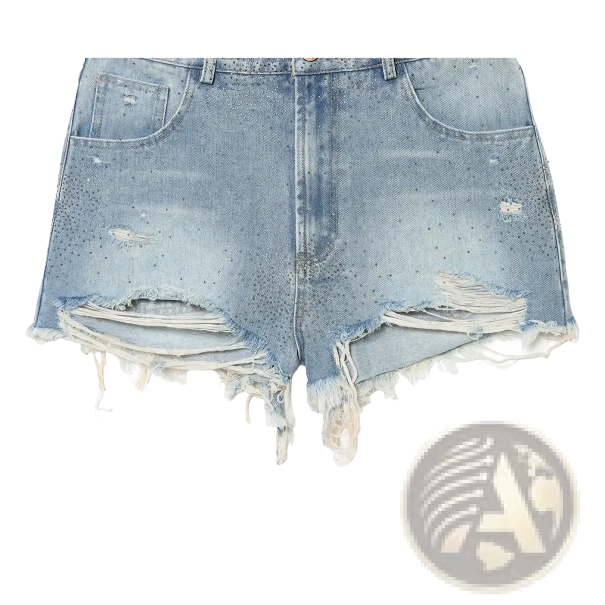 Light-wash rhinestone high waist denim shorts with distressed frayed hems and subtle rhinestone embellishments