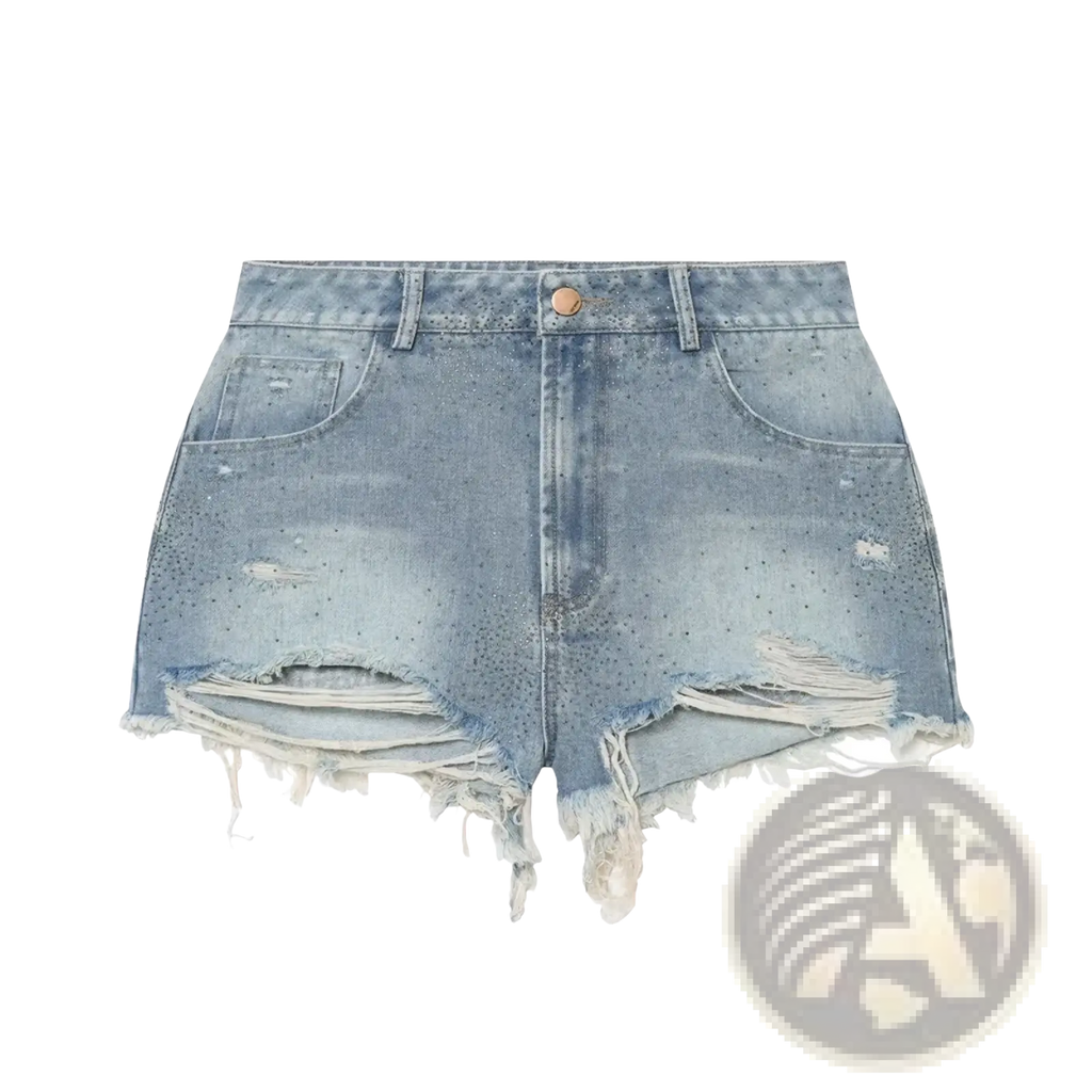 Rhinestone high waist light-wash denim shorts with distressed frayed hems and subtle perforated detailing