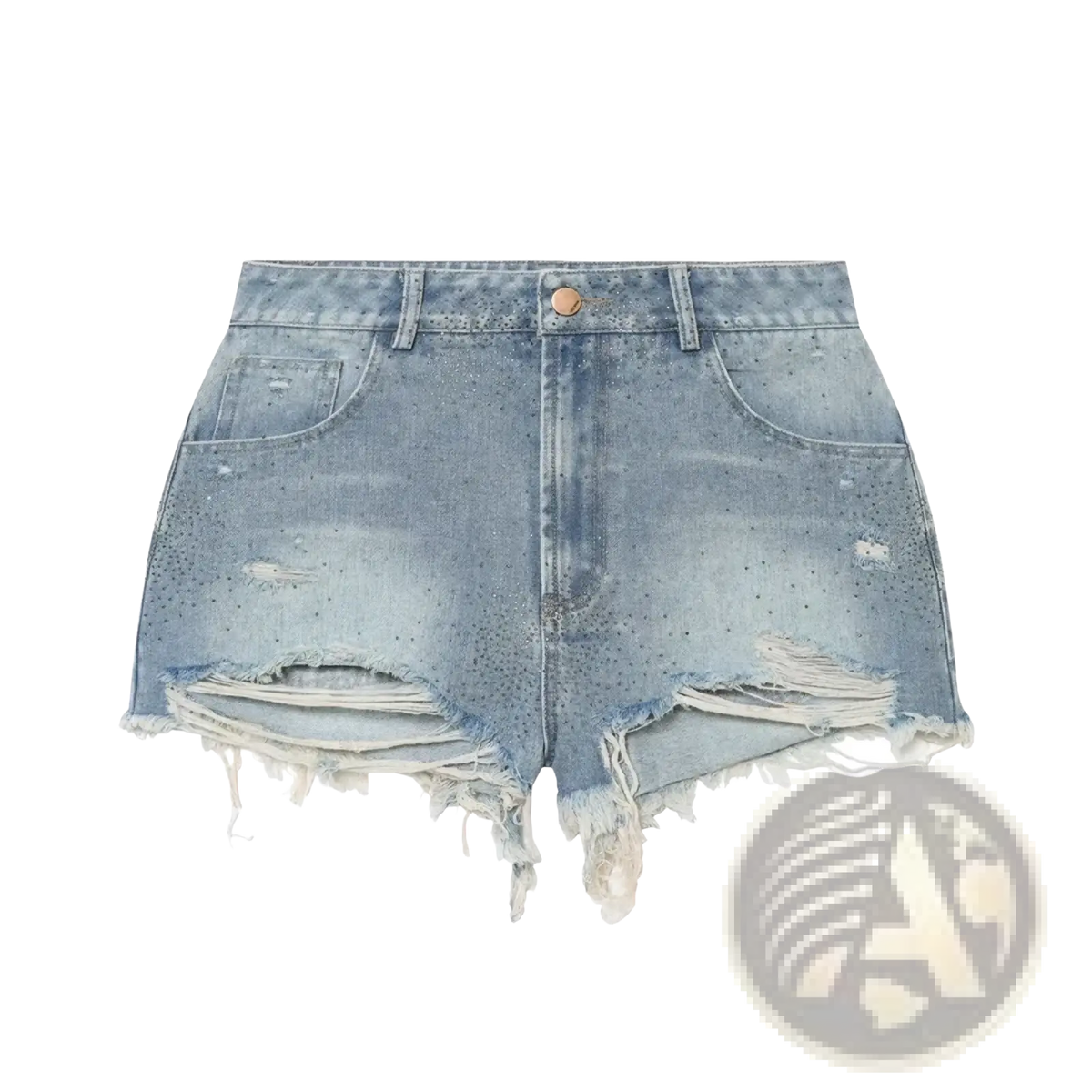 Rhinestone high waist light-wash denim shorts with distressed frayed hems and subtle perforated detailing