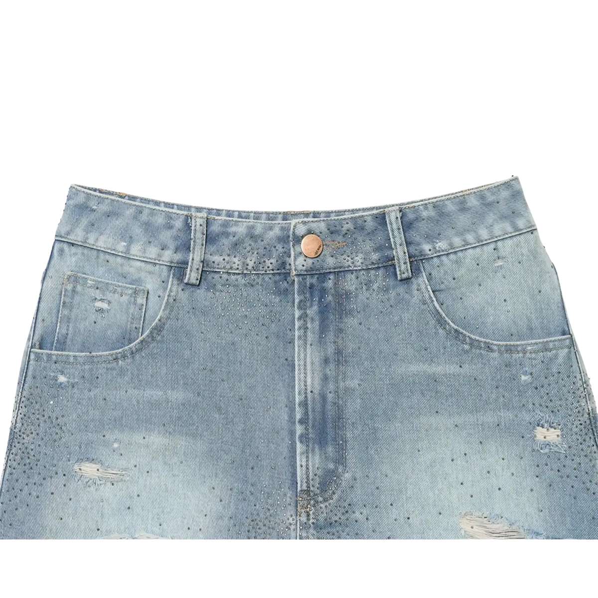 Light-wash rhinestone high waist denim shorts with distressed ripped design and copper-toned button closure