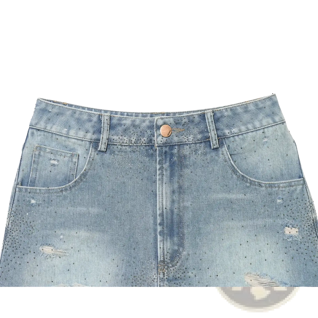 Light-wash rhinestone high waist denim shorts with distressed ripped design and copper-toned button closure