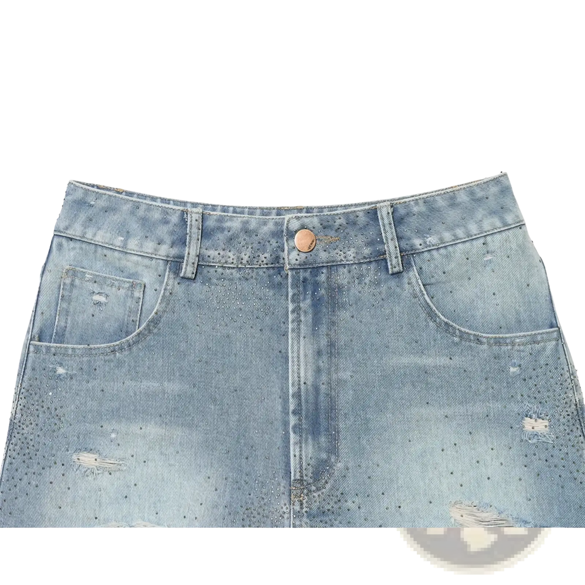 Light-wash rhinestone high waist denim shorts with distressed ripped design and copper-toned button closure