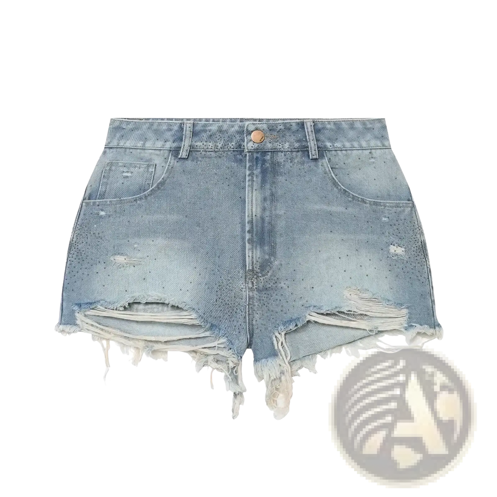 Rhinestone high waist light-wash denim shorts with distressed frayed hems and subtle embellishments
