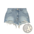 Rhinestone high waist light-wash denim shorts with distressed frayed hems and subtle embellishments