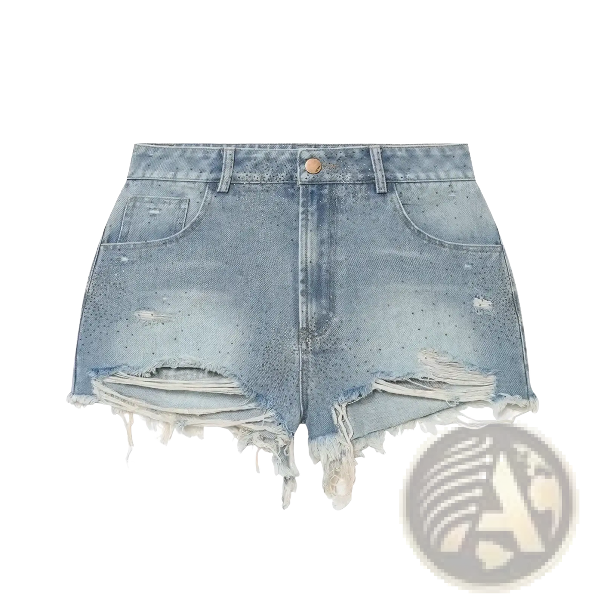 Rhinestone high waist light-wash denim shorts with distressed frayed hems and subtle embellishments