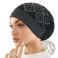Black satin rhinestone inner hijab cap with silver and rose gold geometric rhinestone pattern