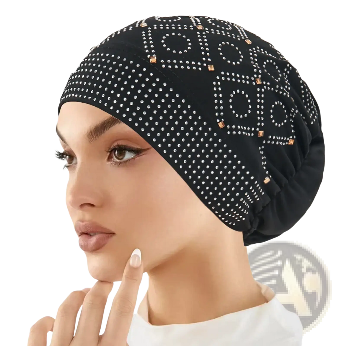 Black satin rhinestone inner hijab cap with silver and rose gold geometric rhinestone pattern