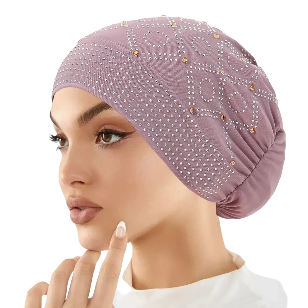 Lavender stretchy rhinestone inner hijab cap with silver and gold geometric rhinestone pattern for elegant wear