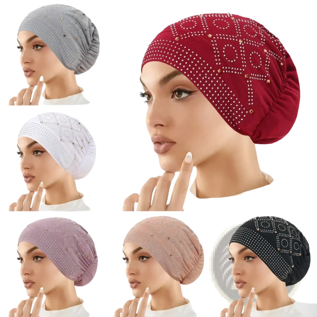 Rhinestone inner hijab cap featuring soft stretchy fabric in gray red white lavender blush pink and black with delicate rhinestone accents