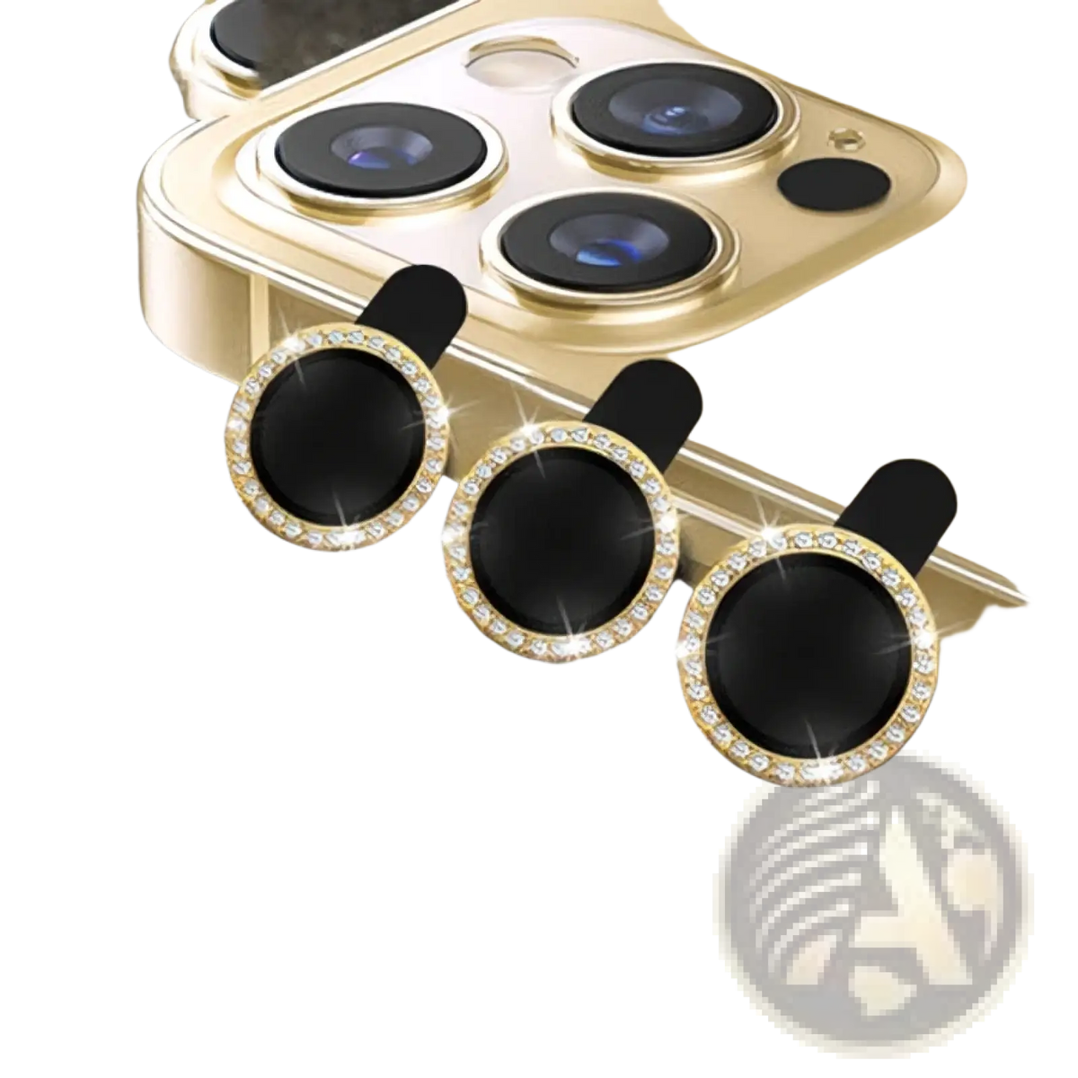 Gold iphone camera lens protectors with sparkling rhinestone bezels and black adhesive pads made of tempered glass